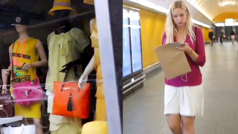Hot blonde spotted while window shopping in Prague